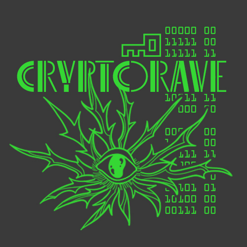 CryptoRave 2024 logo: the word 'Cryptorave' written at the top with a drawing of a key over the letter 'O'. On the right side a sequence of zeros and ones. Below the word 'Cryptorave' is an eye with leaves coming out of the back. The entire logo is in lime green.